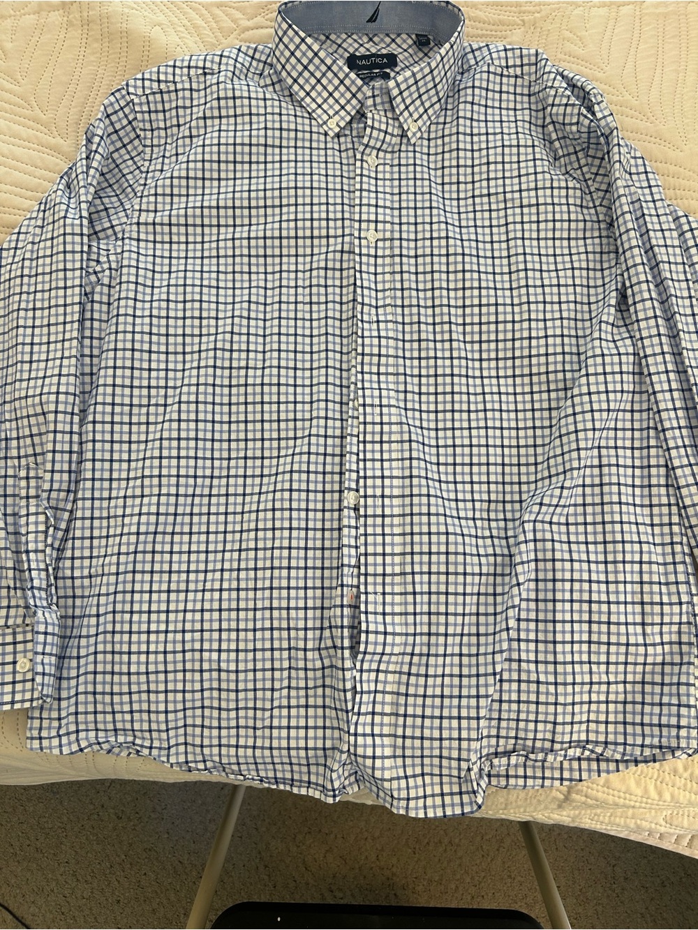 Nautica Men's White and Blue Windowpane Button-Down Shirt